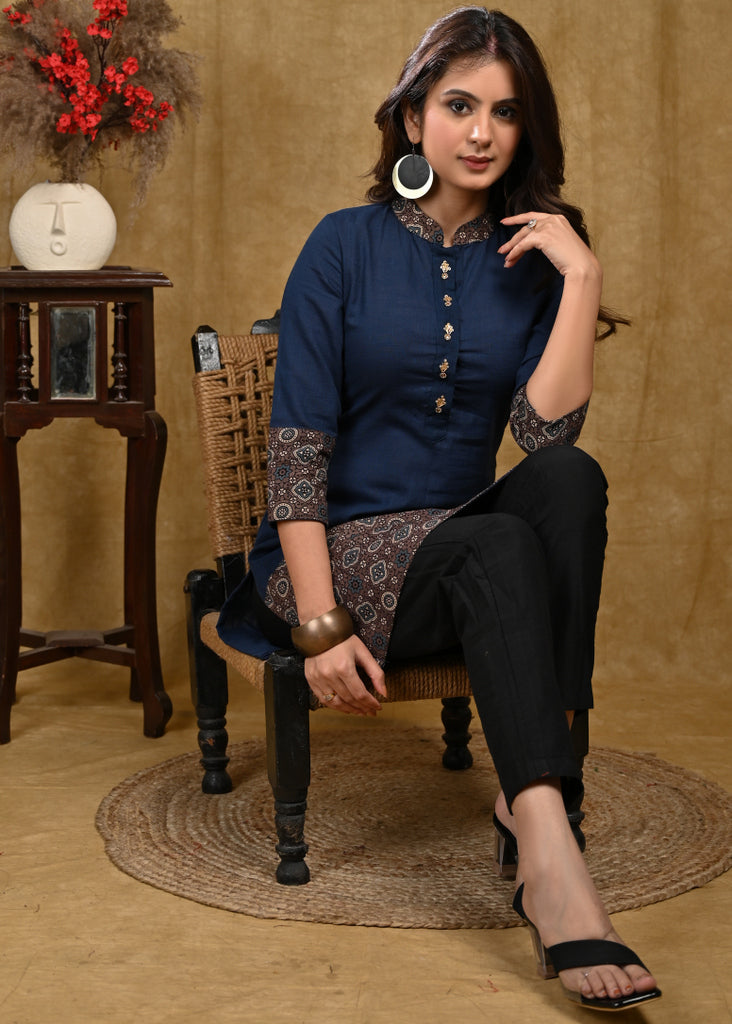 Trendy Straight Cut Tunic with Navy Blue Cotton & Grey Printed Ajrakh combination