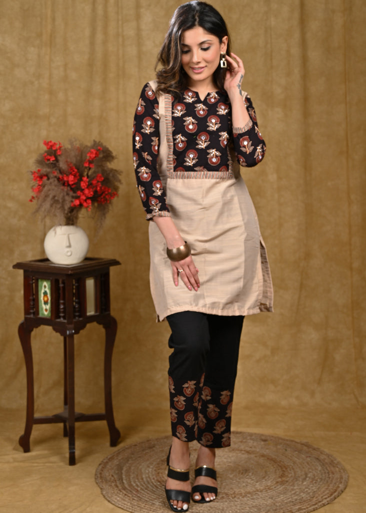 Classy Cotton Silk Ajrakh Tunic with detail Hand Mirror Embroidery on Yoke and Overall Sleeves