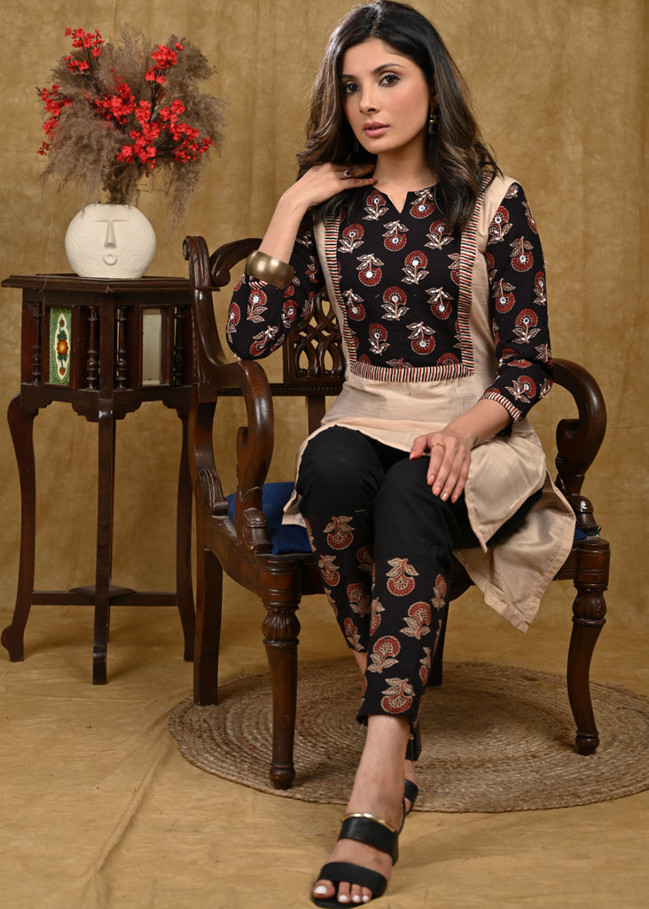 Classy Cotton Silk Ajrakh Tunic with detail Hand Mirror Embroidery on Yoke and Overall Sleeves