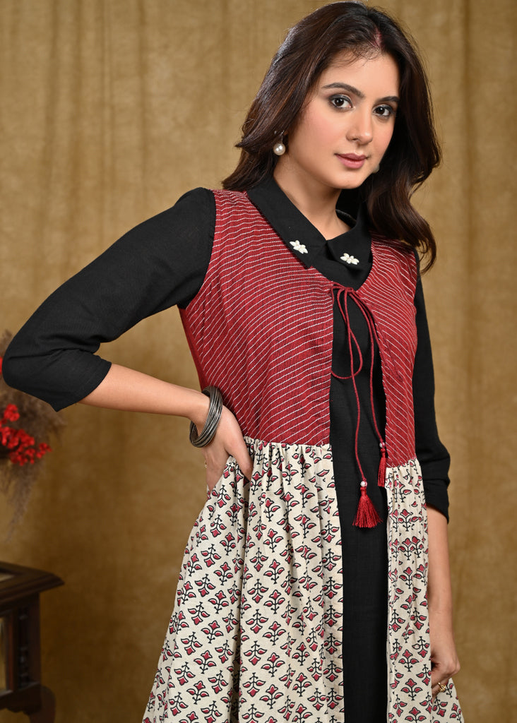 Classy Cotton Off-white Maroon Jacket Style Tunic with Black Inner