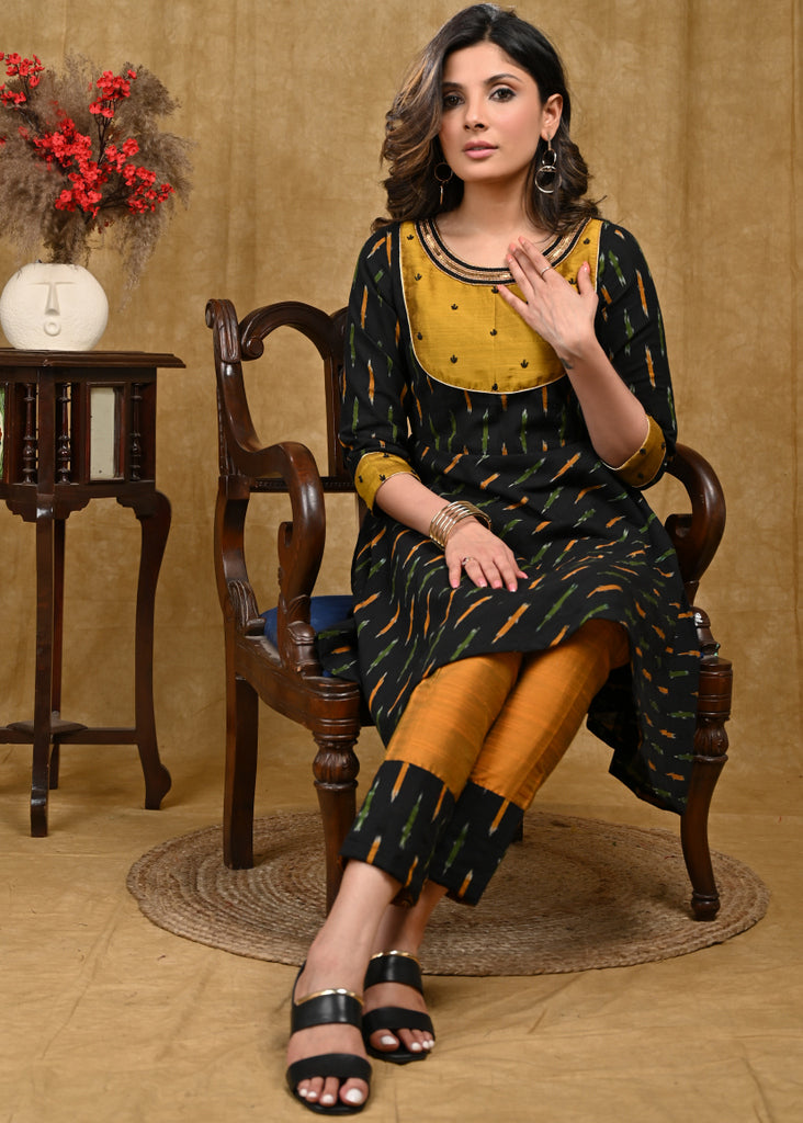 Ikat & Cotton Silk Combination Tunic with Beautiful Hand Embroidery on Neckline, Yoke and Sleeves