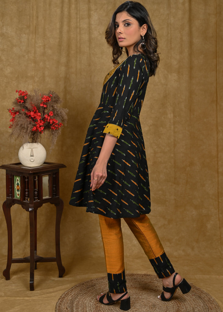 Ikat & Cotton Silk Combination Tunic with Beautiful Hand Embroidery on Neckline, Yoke and Sleeves
