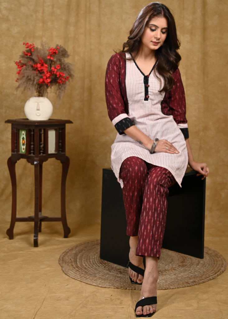 Exclusive Pure Cotton with Ikat Combination Straight Cut Tunic