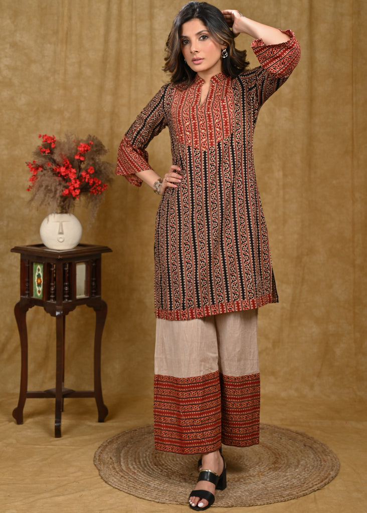 Trendy Cotton Ajrakh Combination Tunic with Hand Sequence Work on Yoke