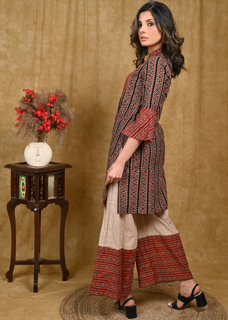 Trendy Cotton Ajrakh Combination Tunic with Hand Sequence Work on Yoke