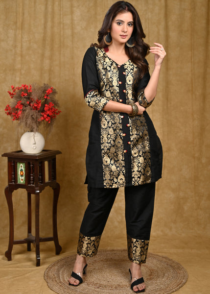 Party Wear Black Cotton Silk And Brocade Combination Tunic