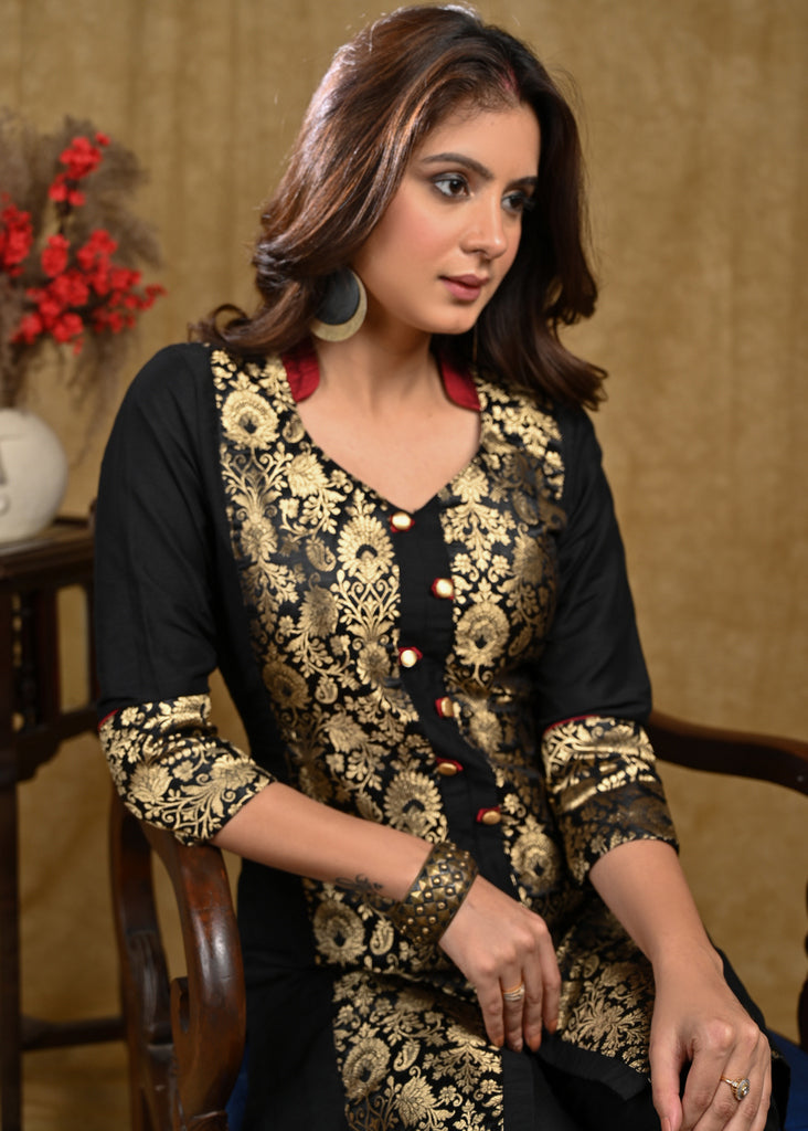 Party Wear Black Cotton Silk And Brocade Combination Tunic