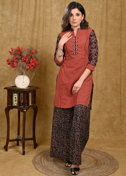 Stylish Zigzag Ajrakh Straight Cut Tunic with Printed Ajrakh Sleeves