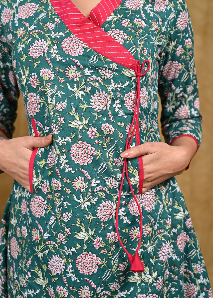 Classy Floweral Print Cotton Tunic with Overlap Style and Front Pockets