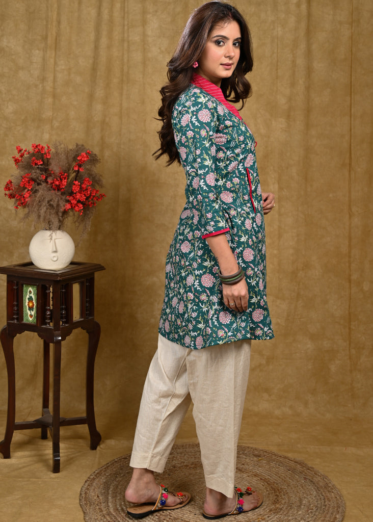 Classy Floweral Print Cotton Tunic with Overlap Style and Front Pockets