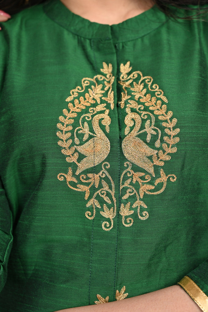 Elegant Green Cotton Silk Tunic with Peacock Embroidered Motifs in Front