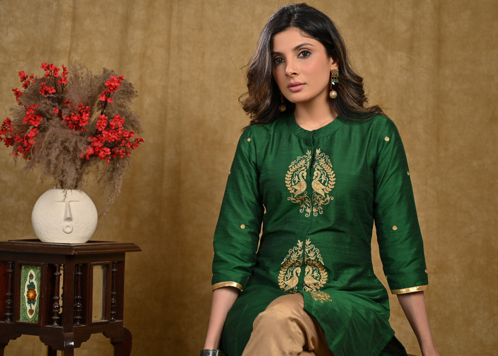 Elegant Green Cotton Silk Tunic with Peacock Embroidered Motifs in Front