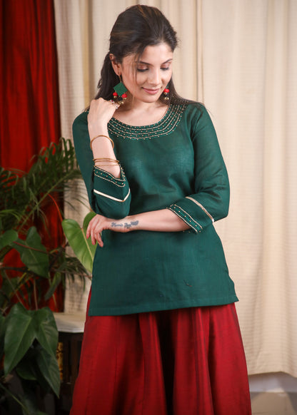 Delicate Hand Embroidered  Forest Green Top