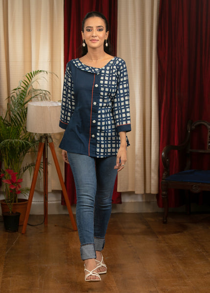 Exclusive chequred Indigo combination top