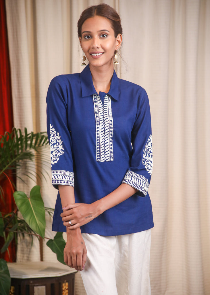 Navy Blue Cotton Fine Embroidered Top