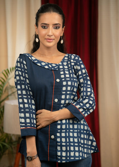 Exclusive chequred Indigo combination top
