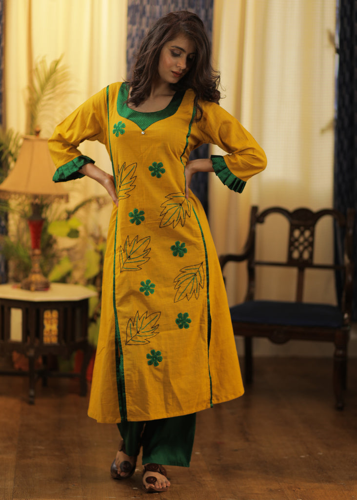A-line Cotton Handloom kurta with Hand made Khun Flowers and Hand Embroidery
