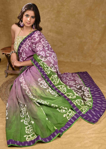 Exquisite Mul Cotton Battik Saree with Purple Ikaat Border