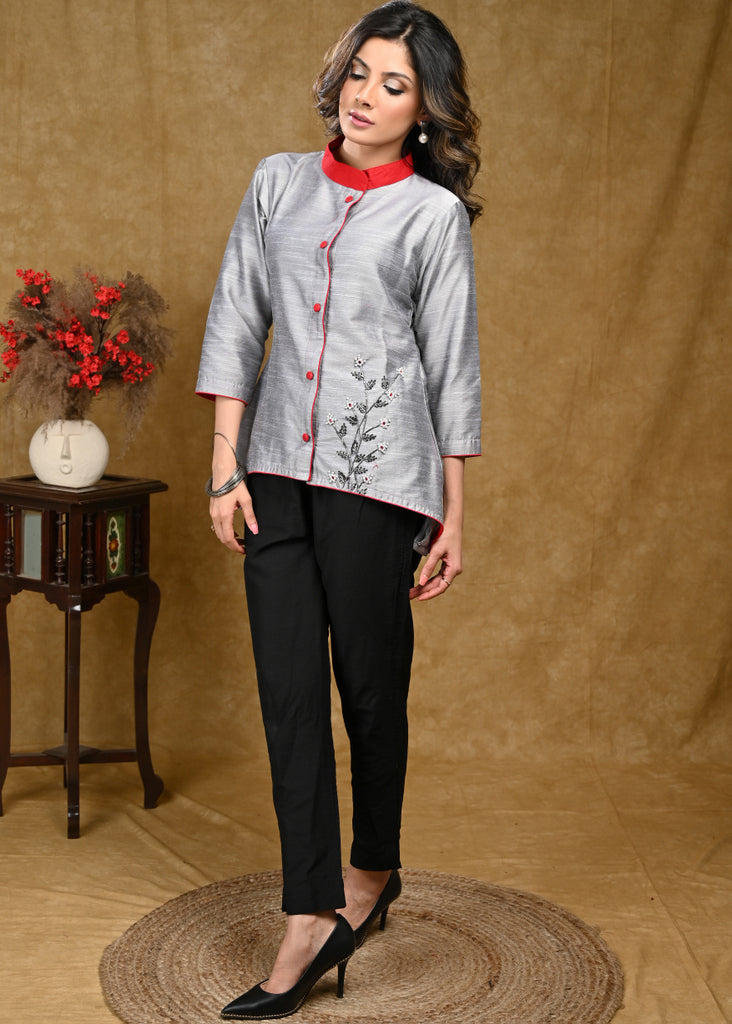 Grey Cotton Silk Asymmetric Top with Delicate Hand Embroidery Motif and Maroon Collar