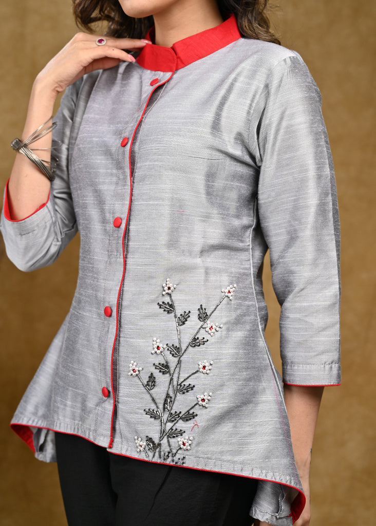 Grey Cotton Silk Asymmetric Top with Delicate Hand Embroidery Motif and Maroon Collar
