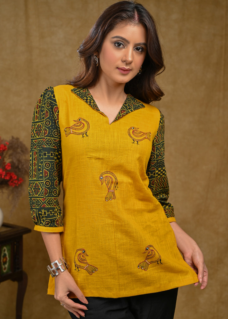 Mustard Cotton Top with Green Ajrakh Sleeves and Gond Painting Detailing