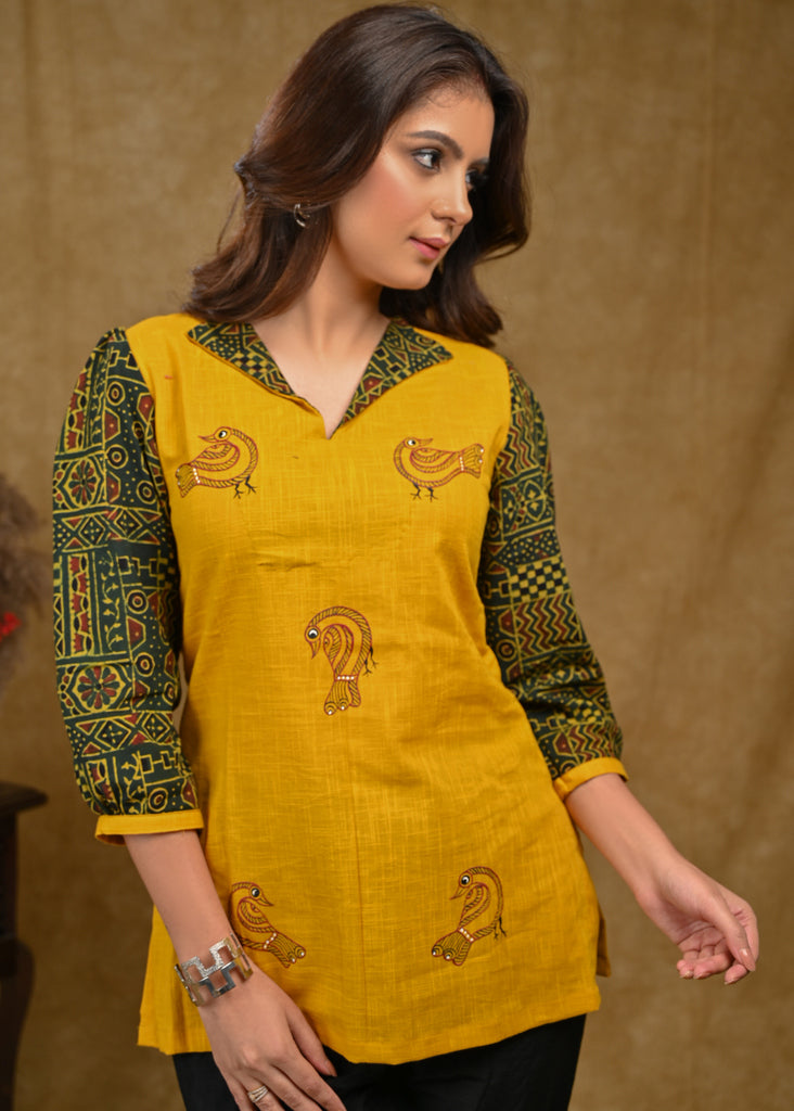 Mustard Cotton Top with Green Ajrakh Sleeves and Gond Painting Detailing