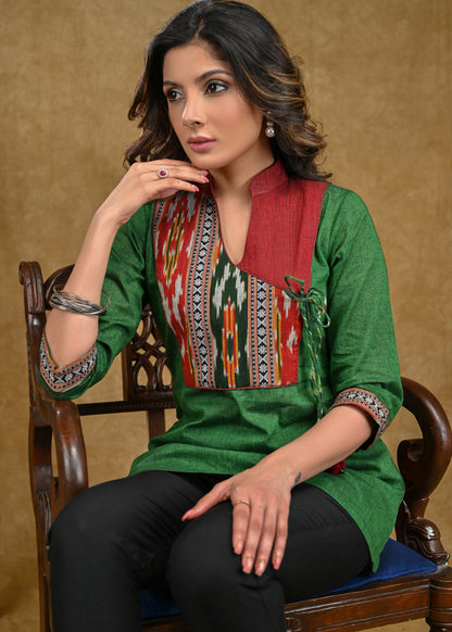 Elegant Bottle Green Cotton Top with Ikat Yoke