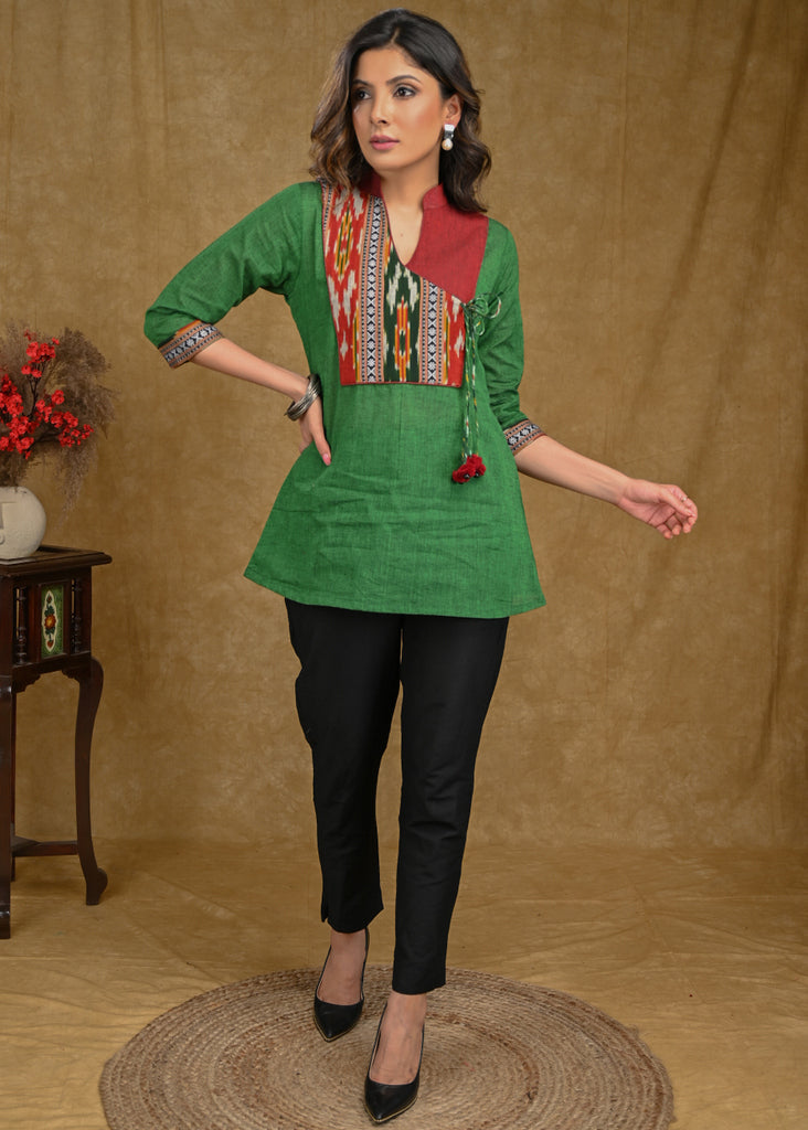 Elegant Bottle Green Cotton Top with Ikat Yoke