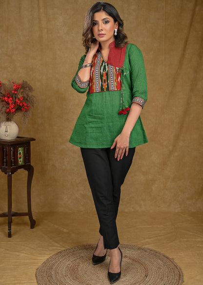 Elegant Bottle Green Cotton Top with Ikat Yoke