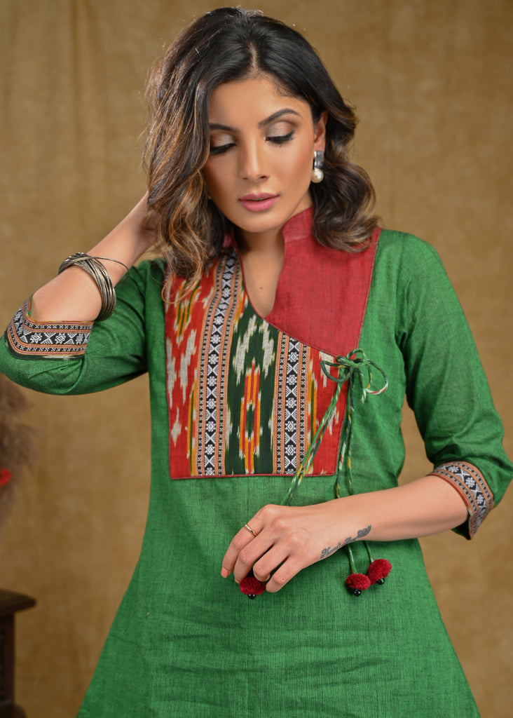 Elegant Bottle Green Cotton Top with Ikat Yoke