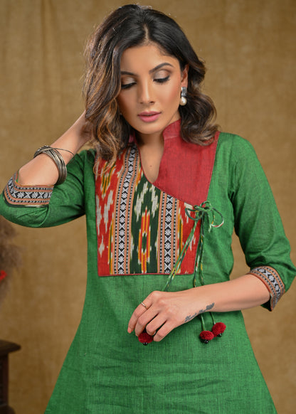 Elegant Bottle Green Cotton Top with Ikat Yoke