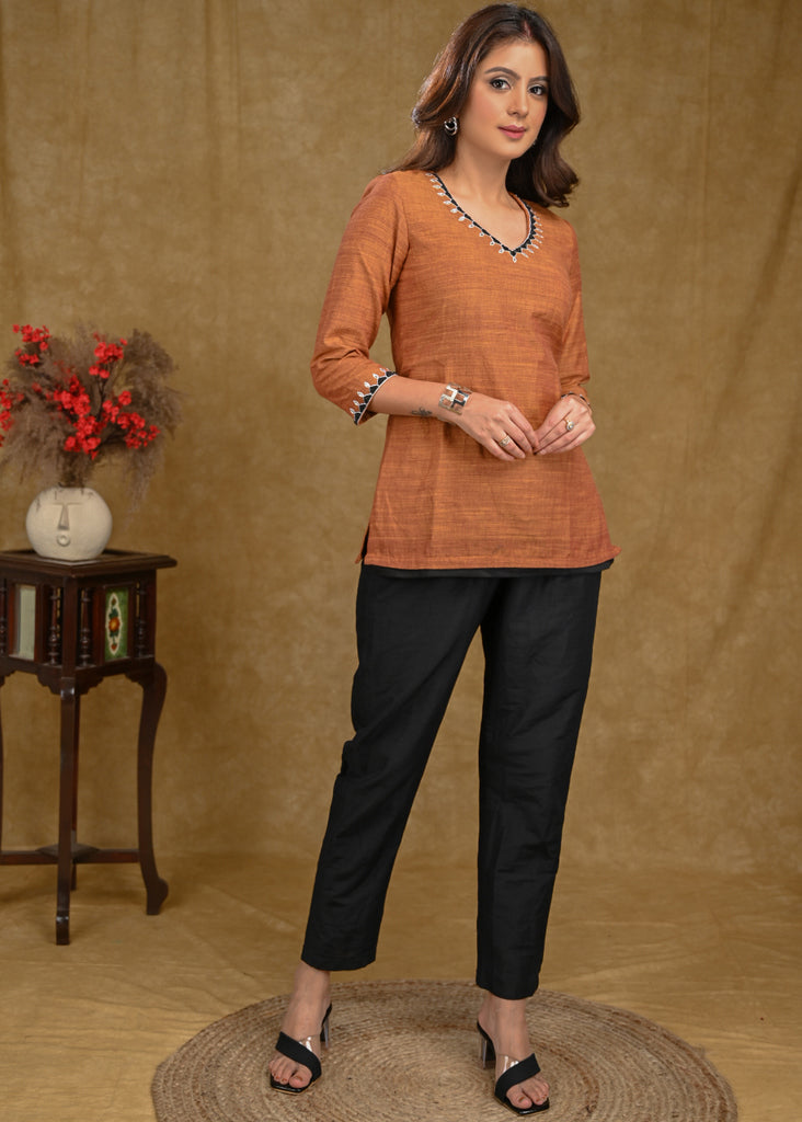 Rust Cotton Top with Delicate Embroidery on Neckline and Sleeves