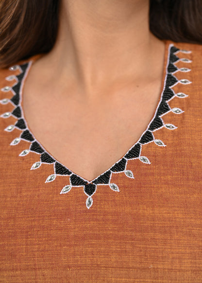 Rust Cotton Top with Delicate Embroidery on Neckline and Sleeves
