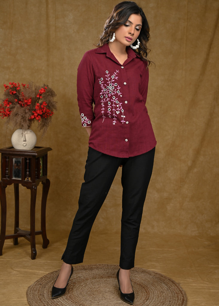 Maroon Cotton Shirt with Beautiful Embroidery