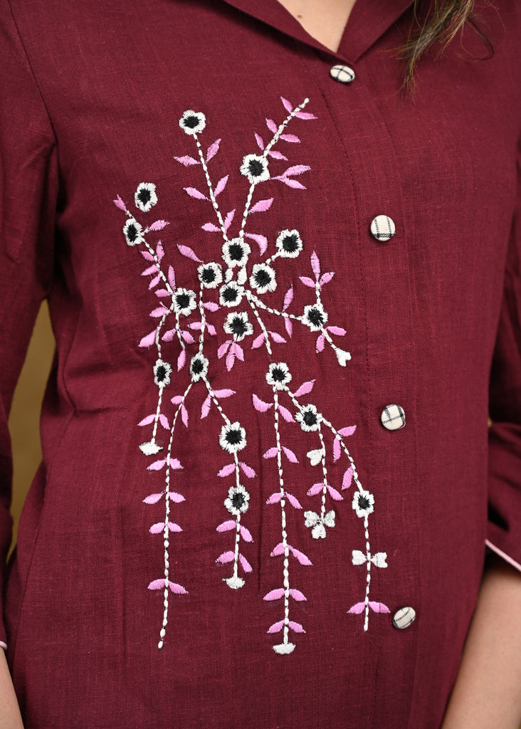 Maroon Cotton Shirt with Beautiful Embroidery