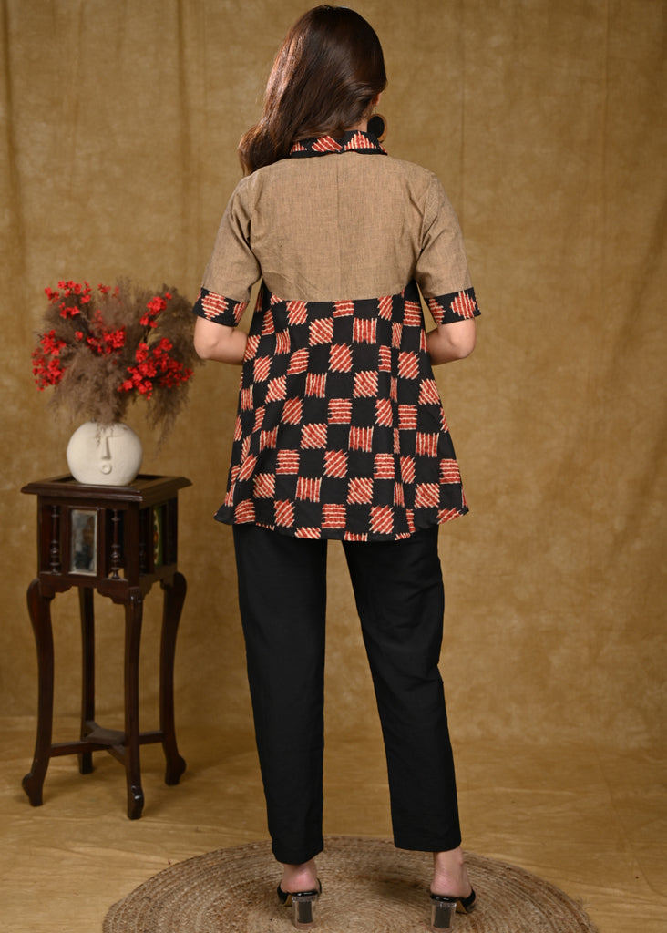 A-Line Red Cotton Top with Black Designer Collar