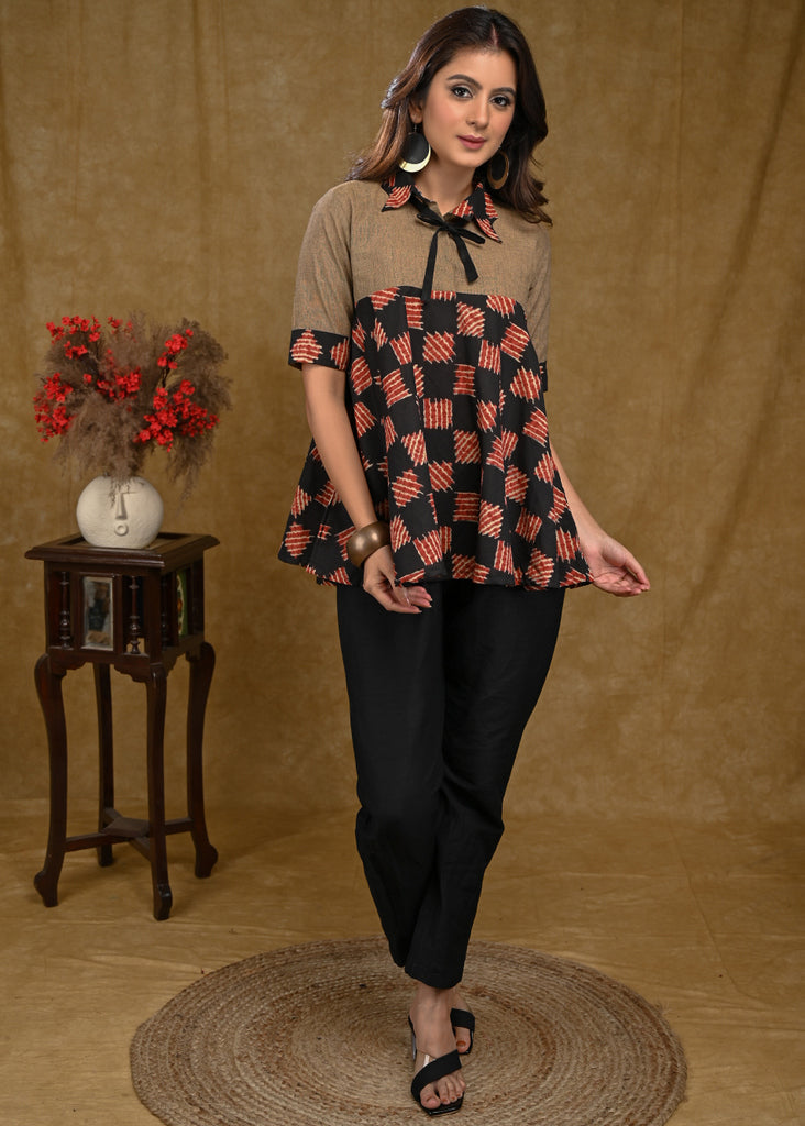 A-Line Red Cotton Top with Black Designer Collar