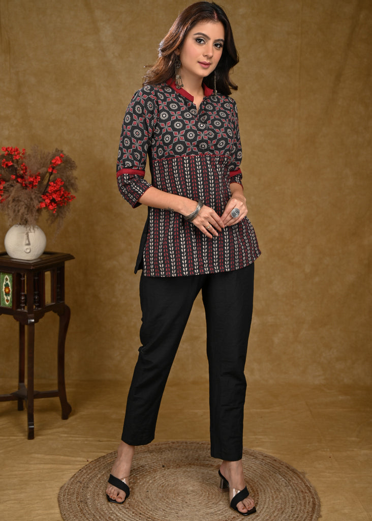 Black And Red Ajrakh Combination Top with Maroon Chinese Collar