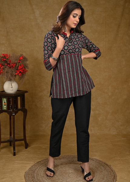 Black And Red Ajrakh Combination Top with Maroon Chinese Collar