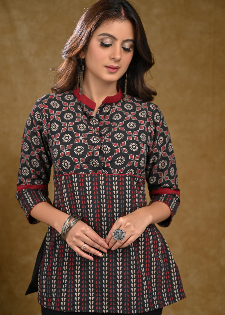 Black And Red Ajrakh Combination Top with Maroon Chinese Collar