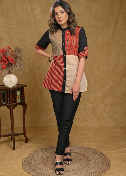 Cotton Ajrakh Top with Ambi Ajrakh and Stipes Ajrakh Combination