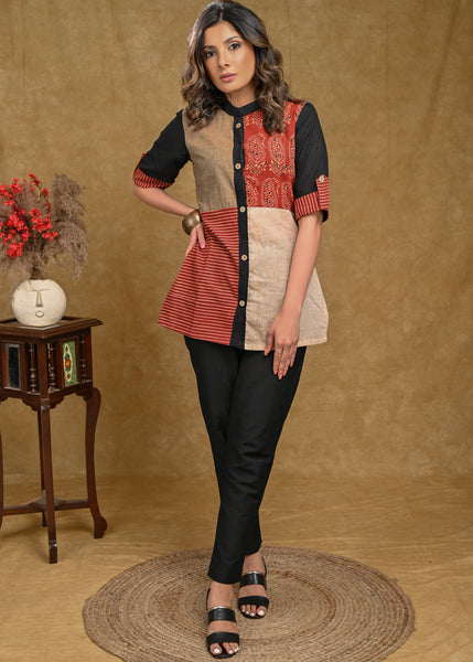 Cotton Ajrakh Top with Ambi Ajrakh and Stipes Ajrakh Combination