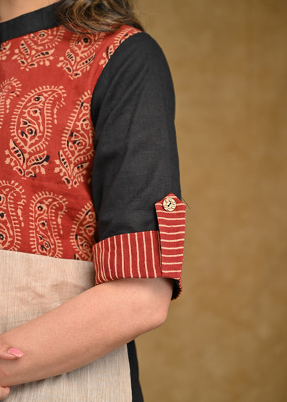 Cotton Ajrakh Top with Ambi Ajrakh and Stipes Ajrakh Combination