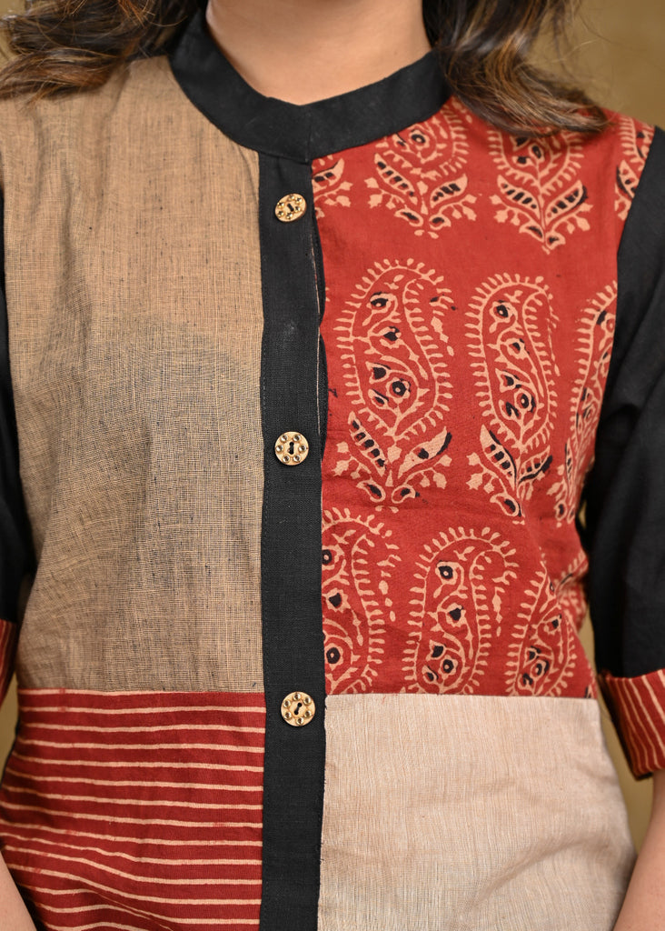 Cotton Ajrakh Top with Ambi Ajrakh and Stipes Ajrakh Combination