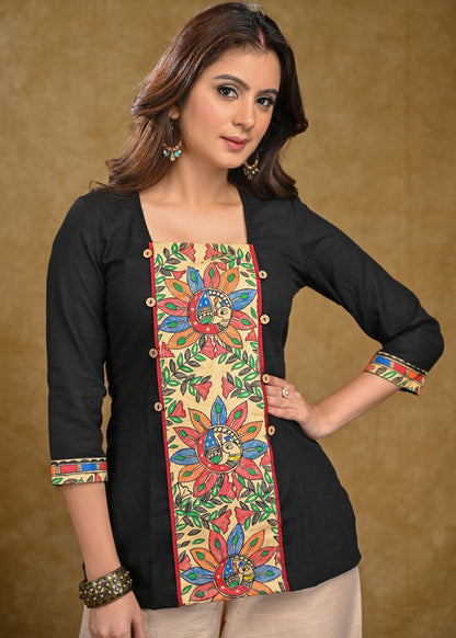 Black Cotton Top with Exclusive Madhubani Painting Patch