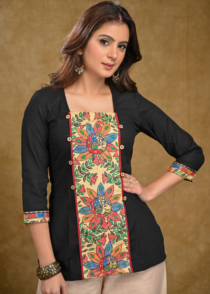 Black Cotton Top with Exclusive Madhubani Painting Patch
