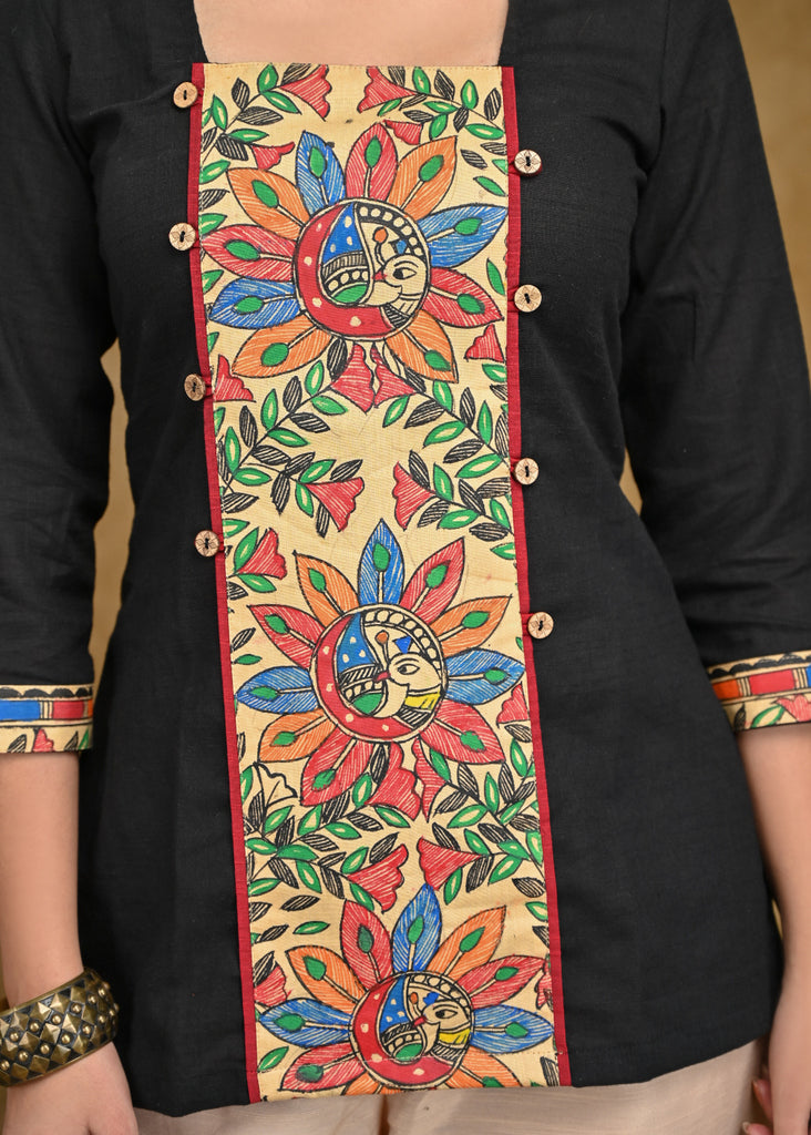 Black Cotton Top with Exclusive Madhubani Painting Patch