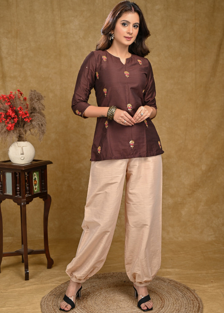 Brown Cotton Silk Top with All over Delicate Embroidery