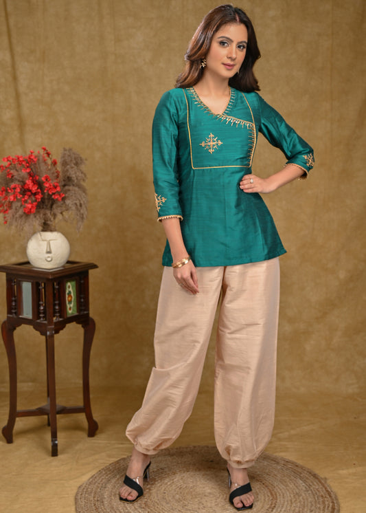 Teal Cotton Silk Top with Delicate Work on Yoke