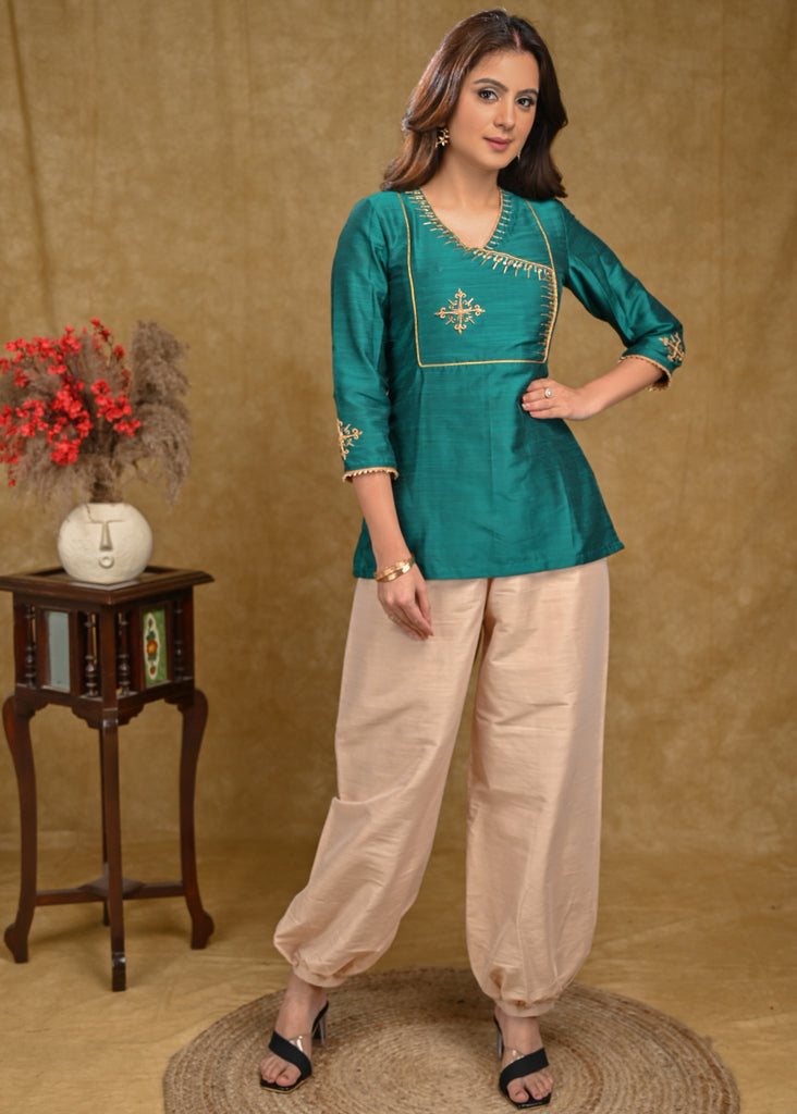 Teal Cotton Silk Top with Delicate Work on Yoke
